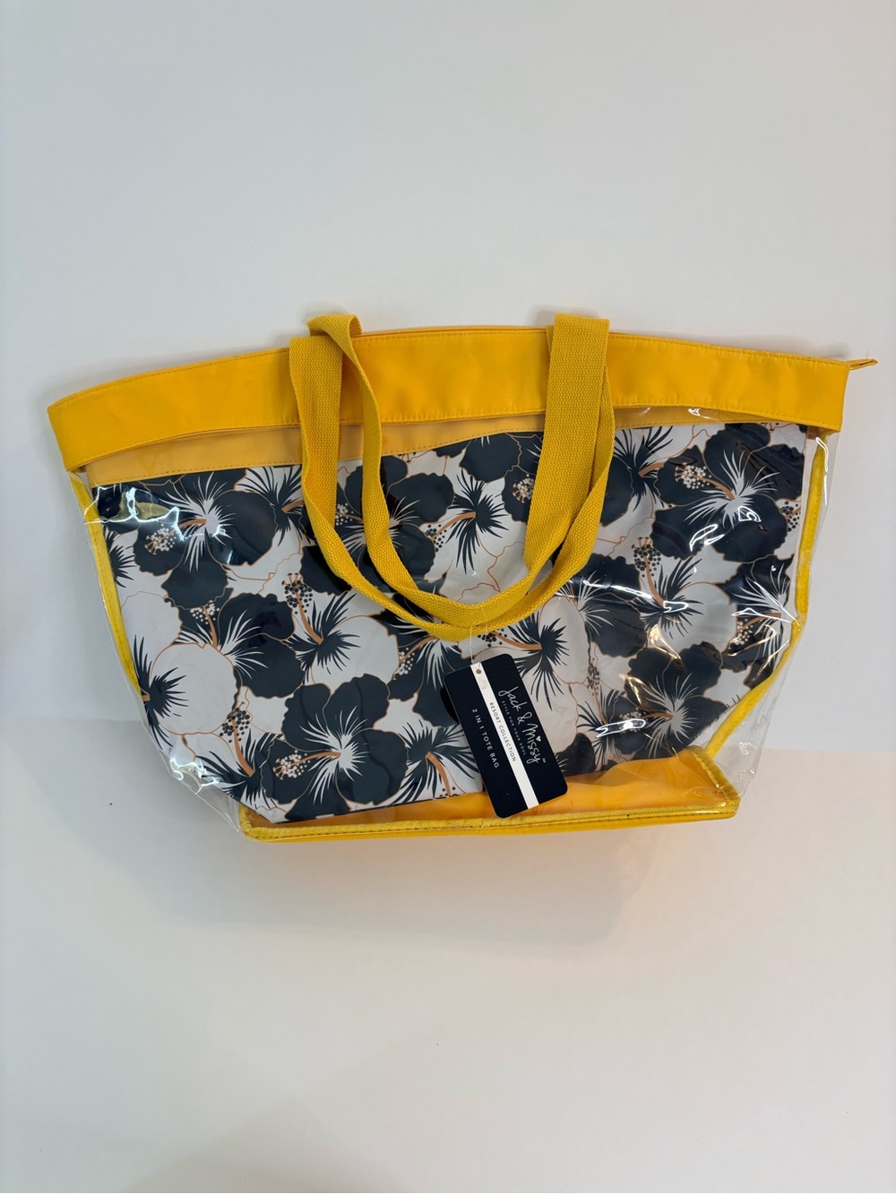 NWT Jack & Missy 2-in-1 Clear Resort Tote Yellow Black Floral Removable Insert